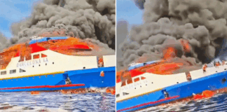 Pasajeros de un barco en llamas saltan al agua presas del pánico en Indonesia